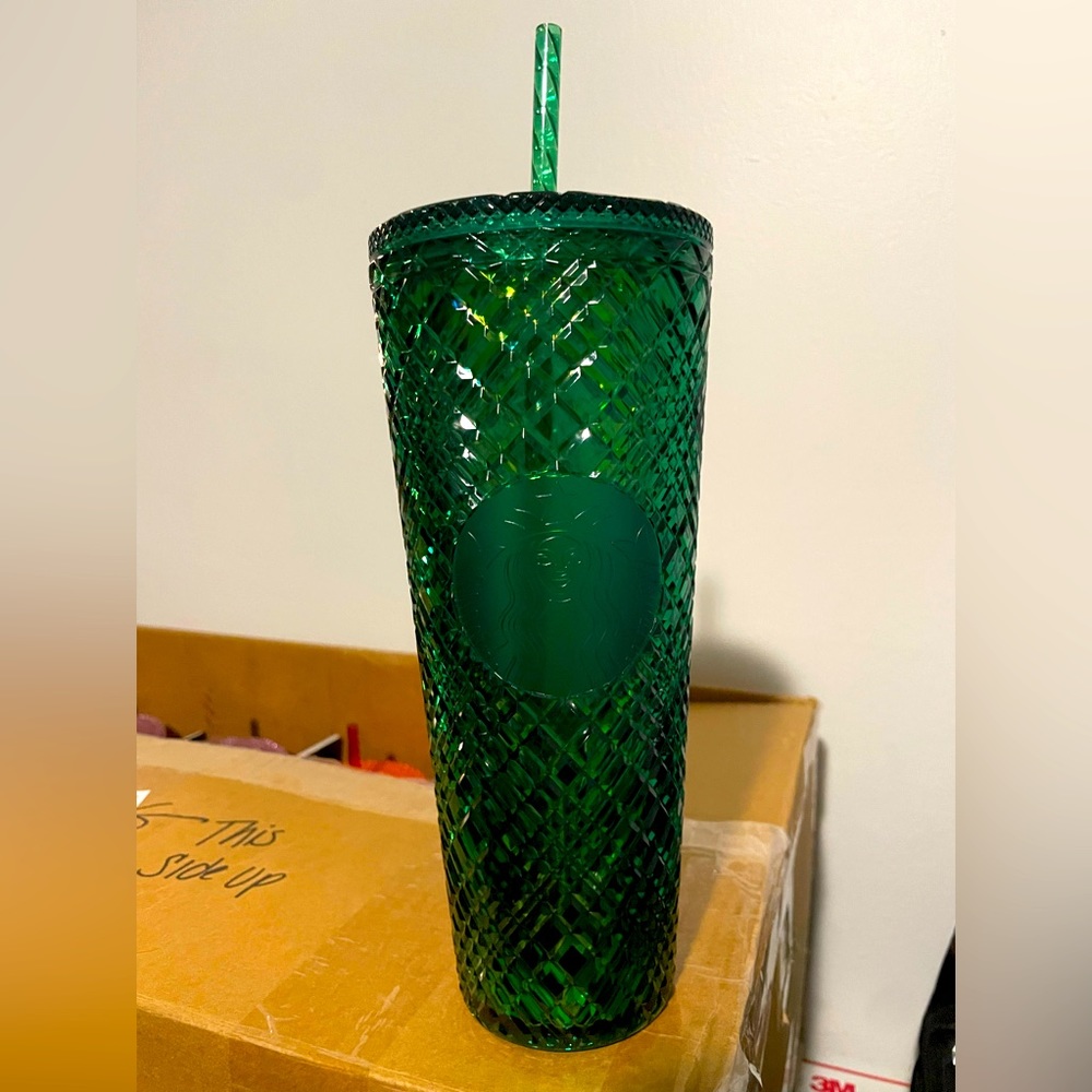 Starbucks Cup Green Jeweled Plastic Venti Cold Tumbler 24 OZ SKU
